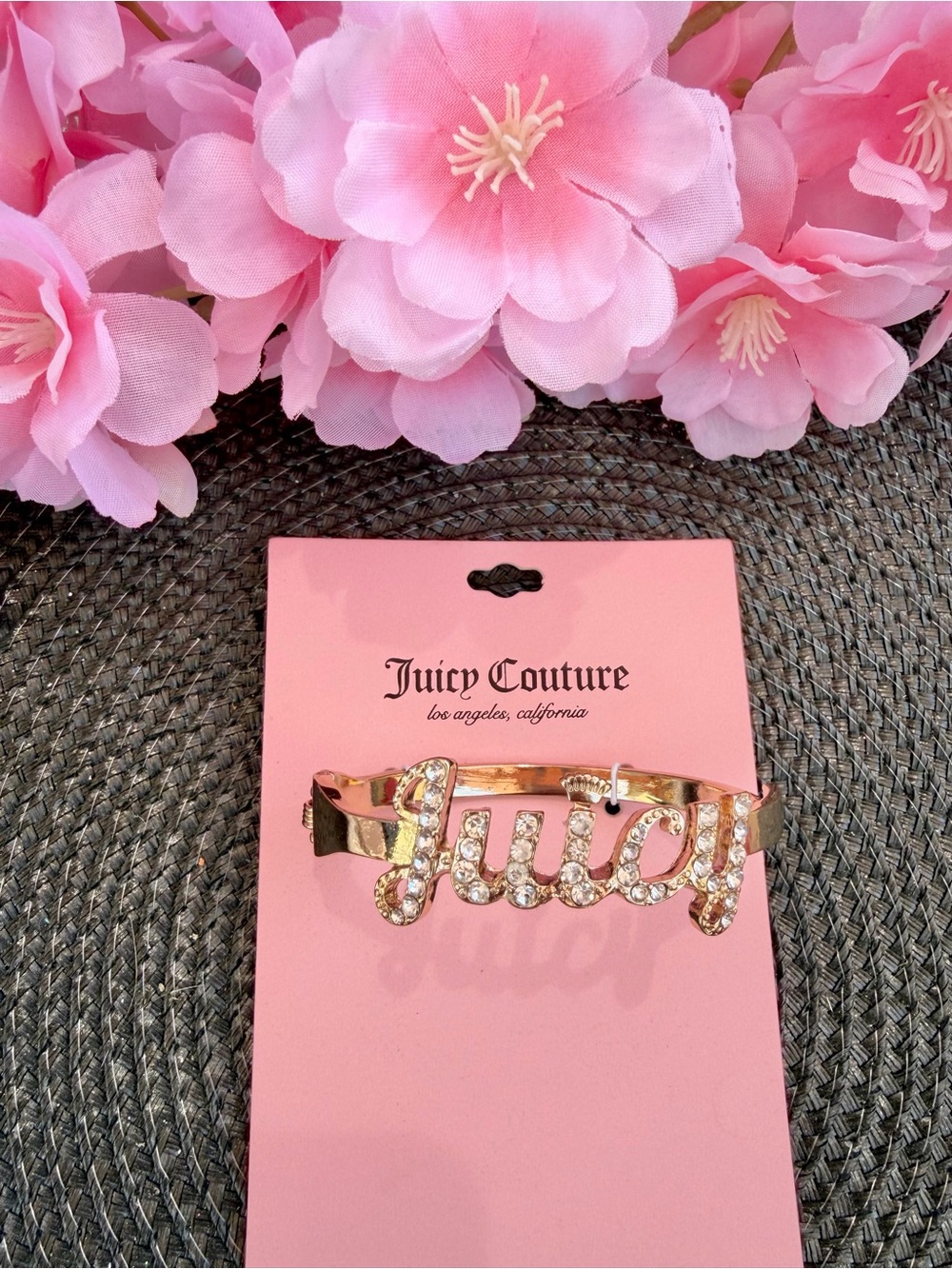 Juicy Couture Gold and Pink Crystal 'Juicy' Logo Bracelet